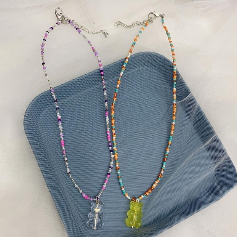 Korean Multicolored Bear Pendant Necklace Bohemia Love-heart Ornament Collar Chain Rice Beaded Choker Chain for Girls