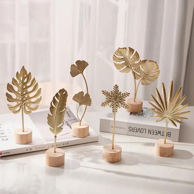Golden Ginkgo Leaf Feather Decoration Creative Light Luxury Metal Craft Ornament Desktop Plant Sculpture Home Office Party Decor