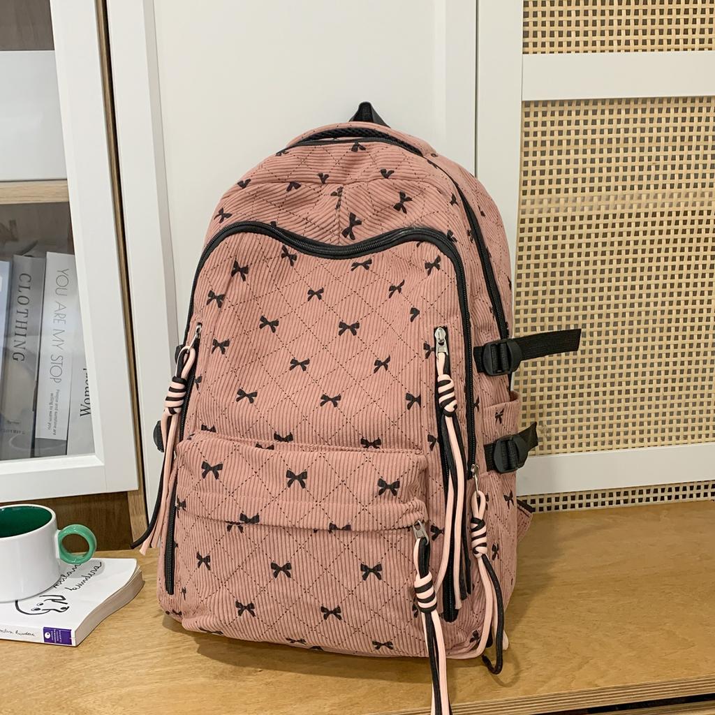 Bow Print Corduroy Backpack Casual Fashion Daily Bag Large Capacity School Bag for Students Minimalist Design Commute Travel with Tassel Accents
