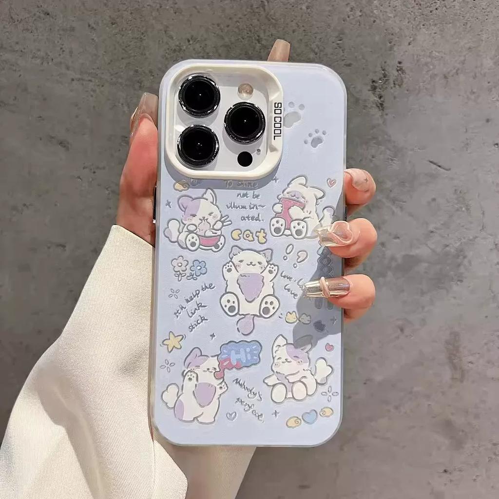 Cute Cartoon Cat Phone Case, Matte Shockproof Kawaii Protective Cover for iPhone