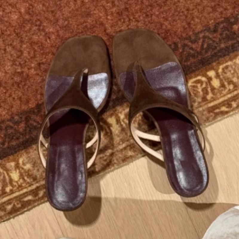 Fashion High Quality Faux Suede Brand Slippers Women Fashion Square Toe Clip Toe High Heel Flip Flops Summer Comfortable Beach Sandals