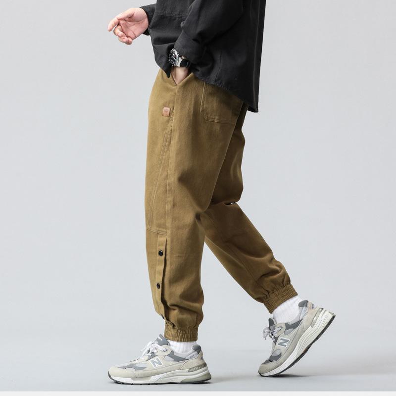 Design breasted overalls men's spring and autumn new loose Harlan leggings pure cotton casual pants