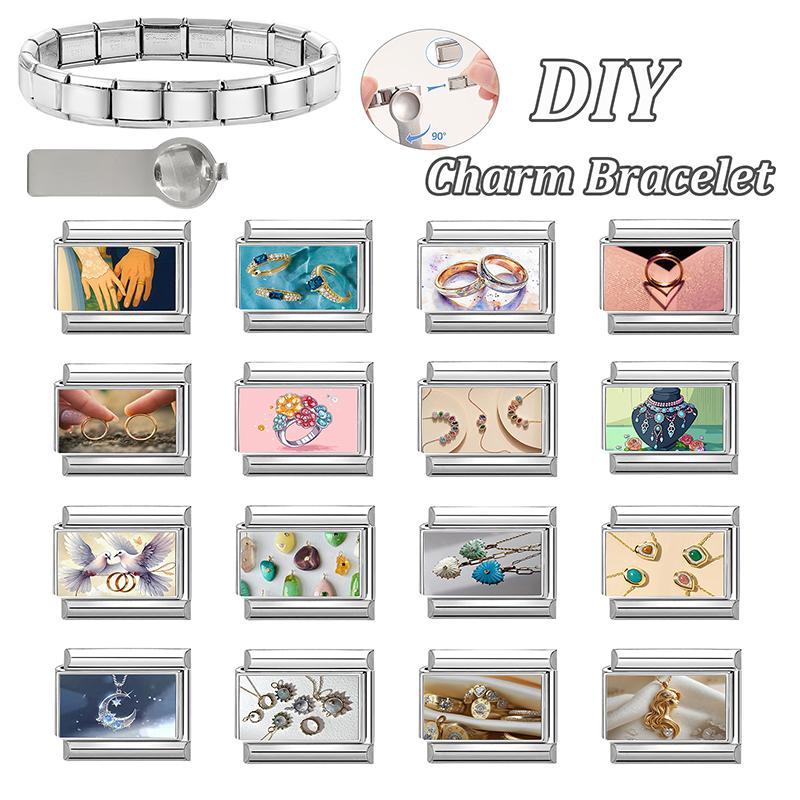 Sweet Ring Necklace Heart Flowers Pattern Charm Beads Fit 9MM Stainless Steel Bracelet Couple DIY Making Wedding Jewelry Gift