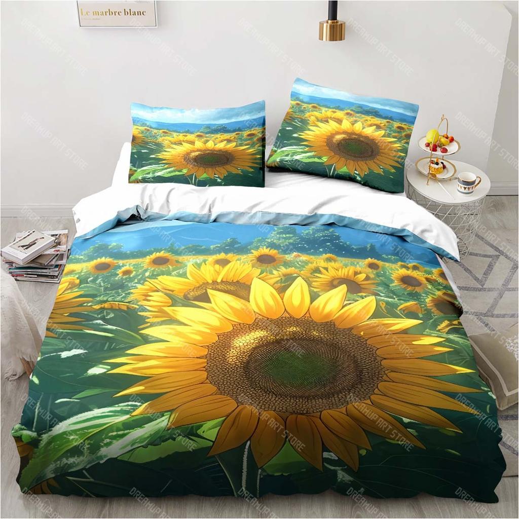 3D Sunflower Printing Set Bedding Floral Pattern Three-piece Set Living Room Bedroom Home Decoration Pillowcase Quilt Cover Gift