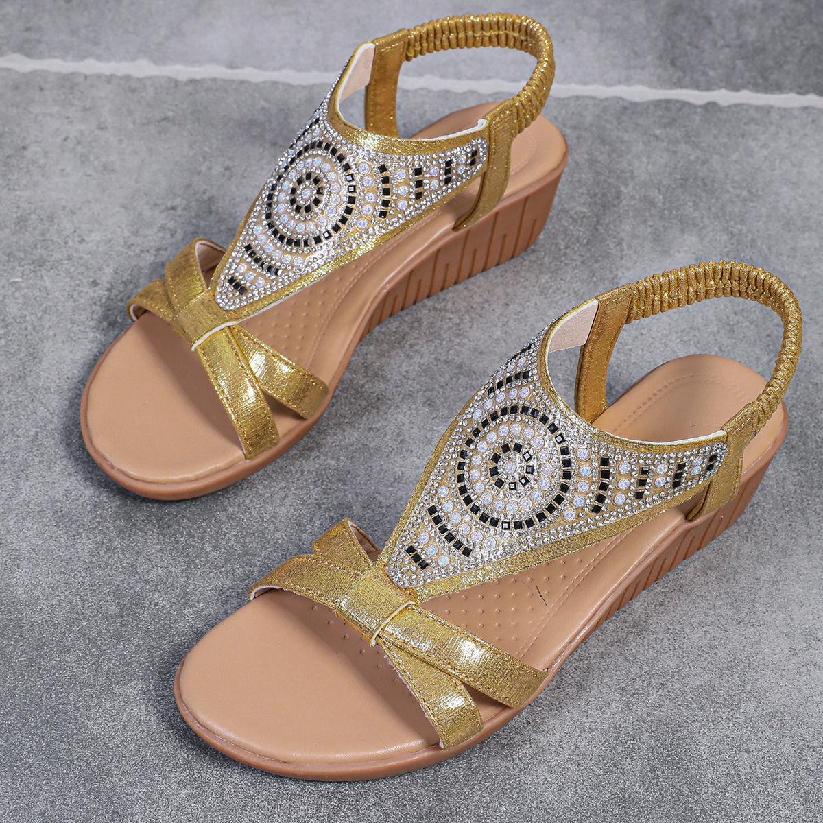 

New thick-soled sub-ethnic wind-pressed drill travel women Bohemi Roman shoes summer new foreign trade wedge sandals 35 золотой