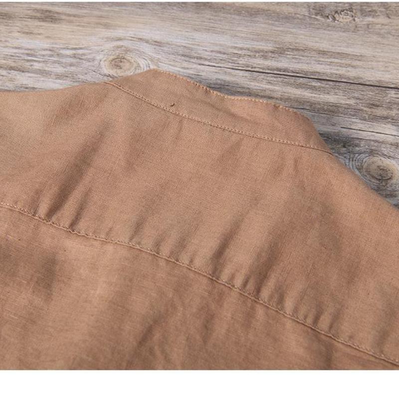 Summer Fashion Short Sleeve Shirts Daily Casual Men Tops Stitching Stand Collar Pullovers Shirt Youth Cotton Linen Breathable Men Clothing