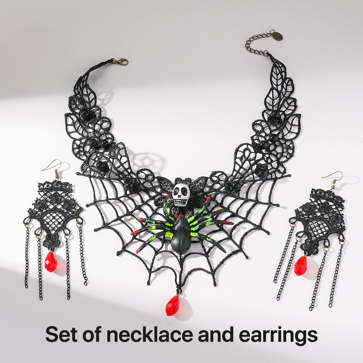 Хэллоуинский набор ювелирных изделий с паутиной для женщин Готический Череп Паук Хрустальные Подвески Ожерелье Серьги Жуткие Аксессуары для Костюмированной Вечеринки на Хэллоуин Ювелирные Изделия