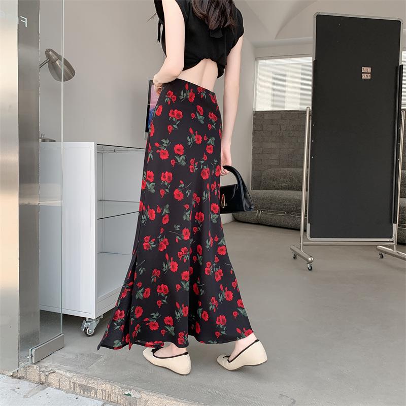 French Retro Print Chiffon A-Line Midi Skirt with Slit - Seaside Vacation Style