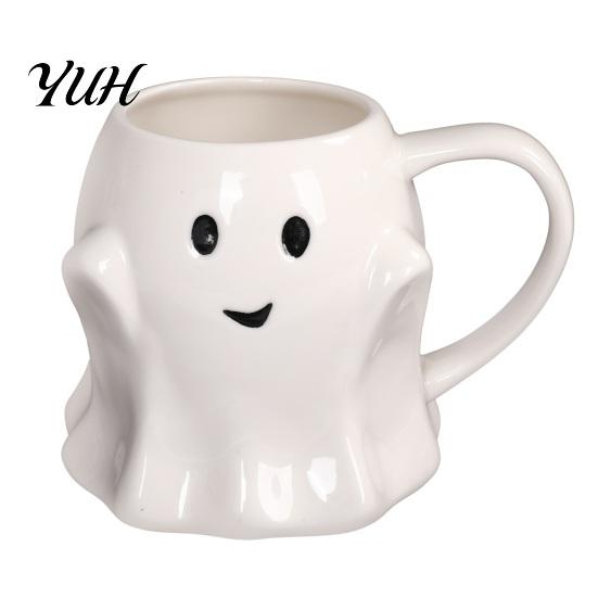 Spooky Coffee Mug for Office Halloween Ghost Ceramic Water Cup, Cute 3D Smiling Face Atmosphere Home Decor Mug, Decorative Drinkware Hot And