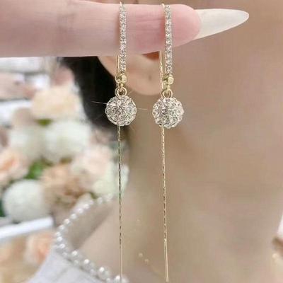 Tiktok Same Super Flash Set Diamond Ball Ear Line Female Personality Cool Style Long Earrings High Sense Luxury Earrings Tide