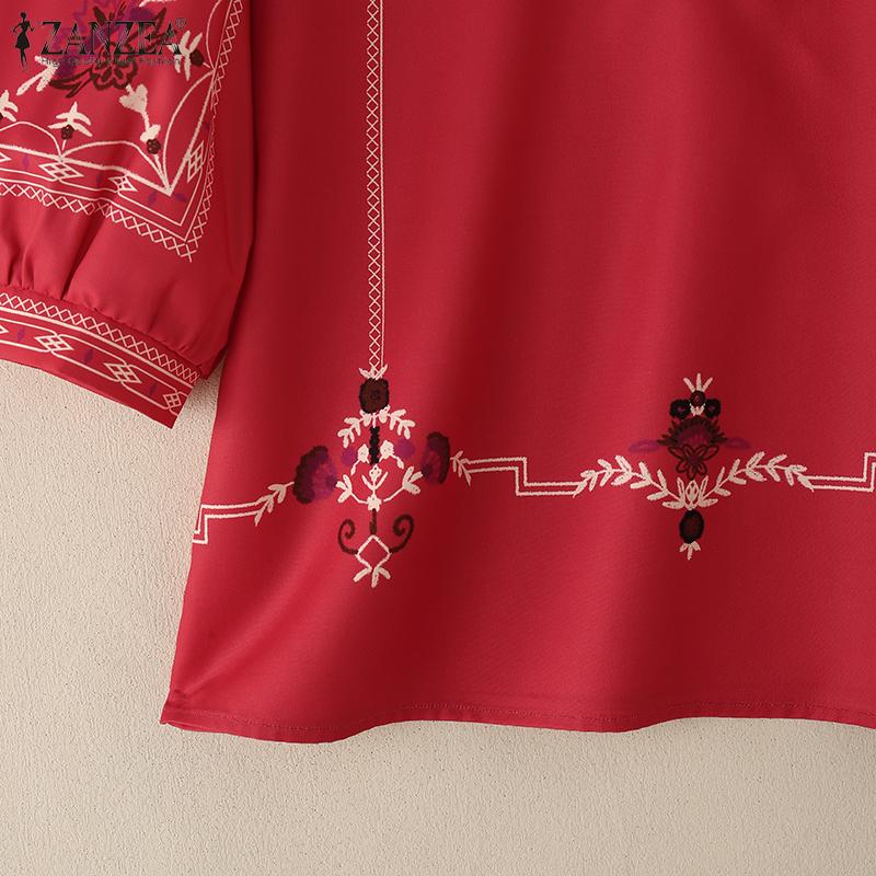 ZANZEA Women Casual Stand Collar Loose 3/4 Sleeve Print Blouse