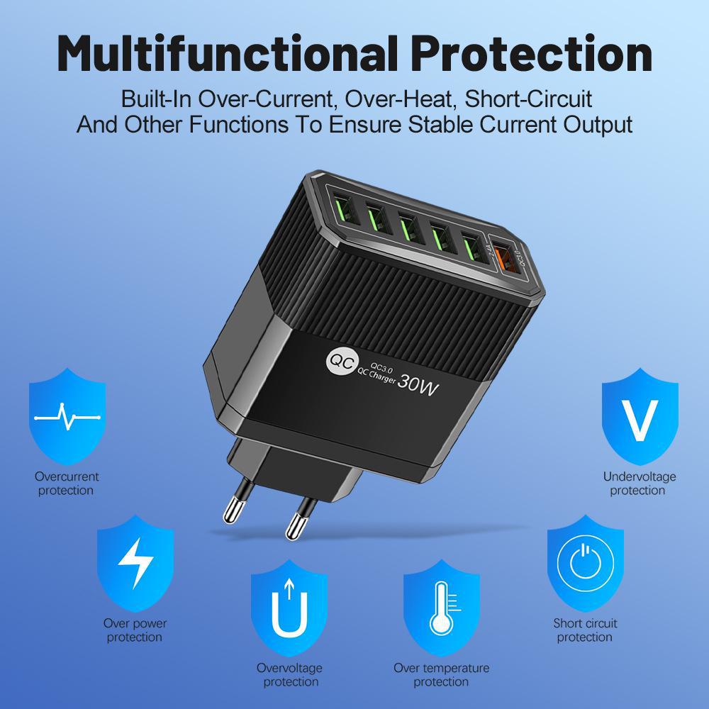 30W 6-Port QC3.0 Multi-Plug Fast Charger for EU, US, UK, & Korea