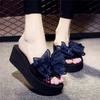Fashion Chic Black Platform Flip - Flops with Mesh Pink Bow - Ideal for Summer Beach & Casual Outings