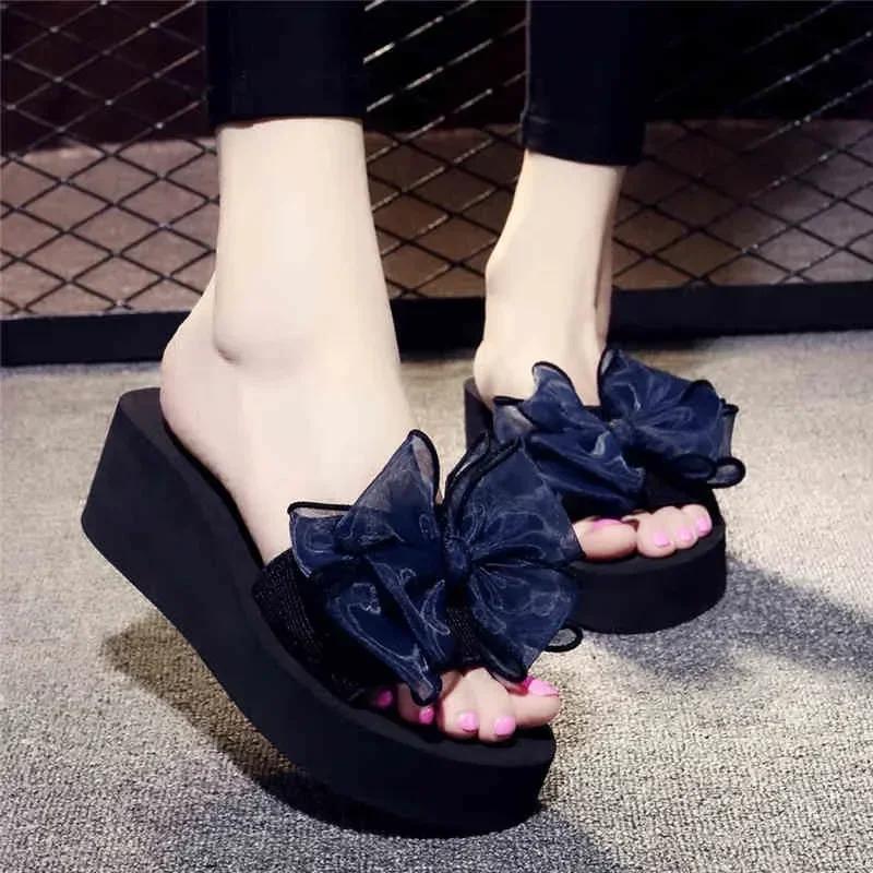 Fashion Chic Black Platform Flip - Flops with Mesh Pink Bow - Ideal for Summer Beach & Casual Outings