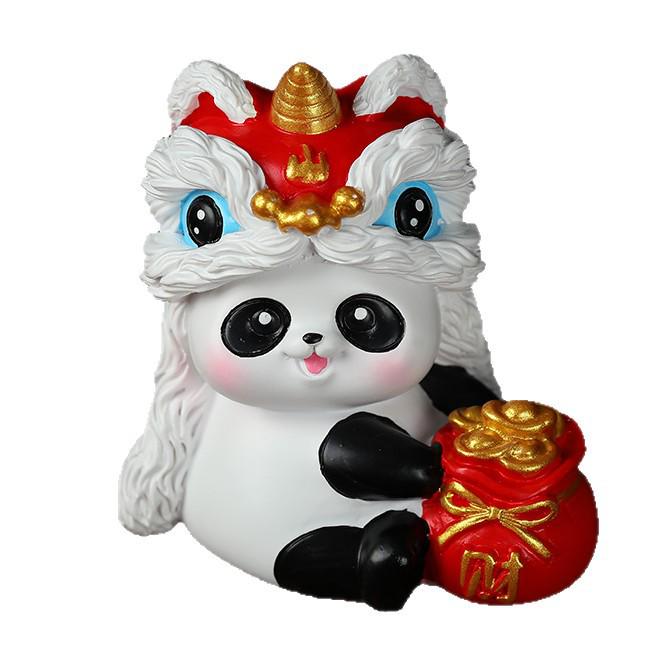 Panda Lion Dance Resin Figurine: Cute Home or Office Decor