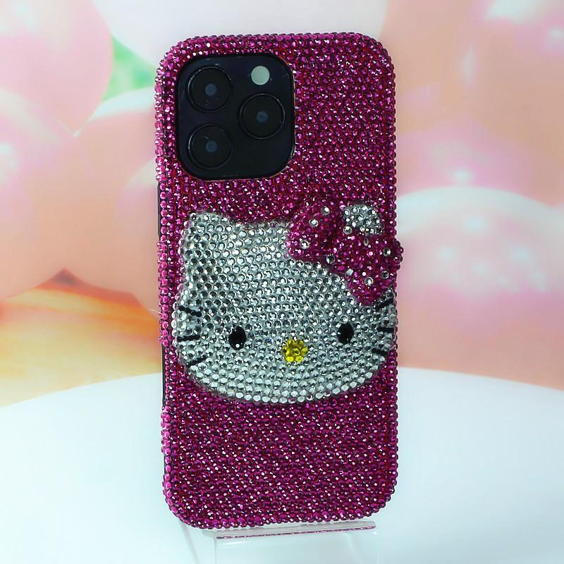 Pink Rhinestone Head Kitty Phone Case IPhone 17 Pro Max 16 15 14 13 Series Soft Silicone Cover Anti-Slip Shockproof