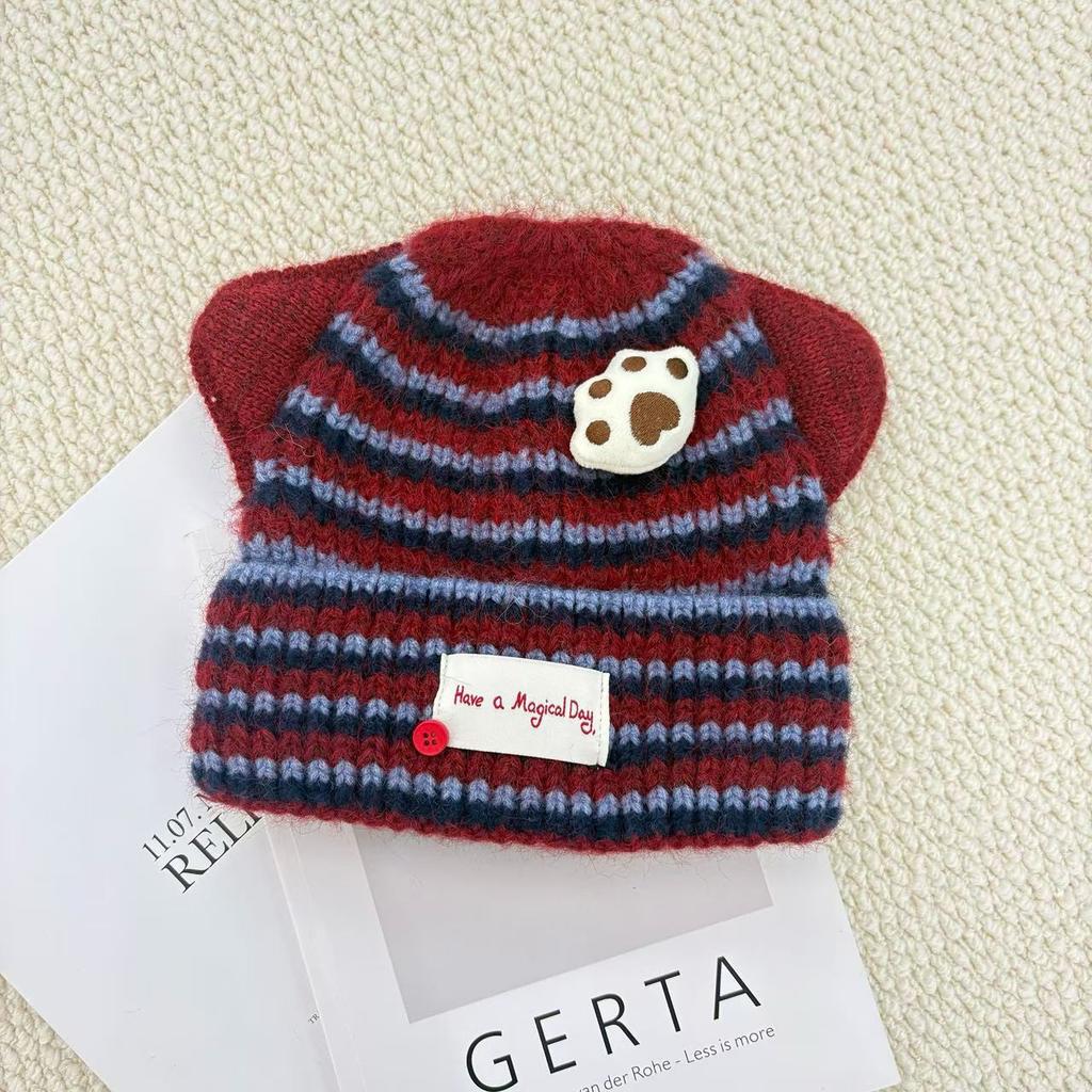 Cute cat paw striped knitted ear hat women's autumn and winter versatile face small wool hat pullover new