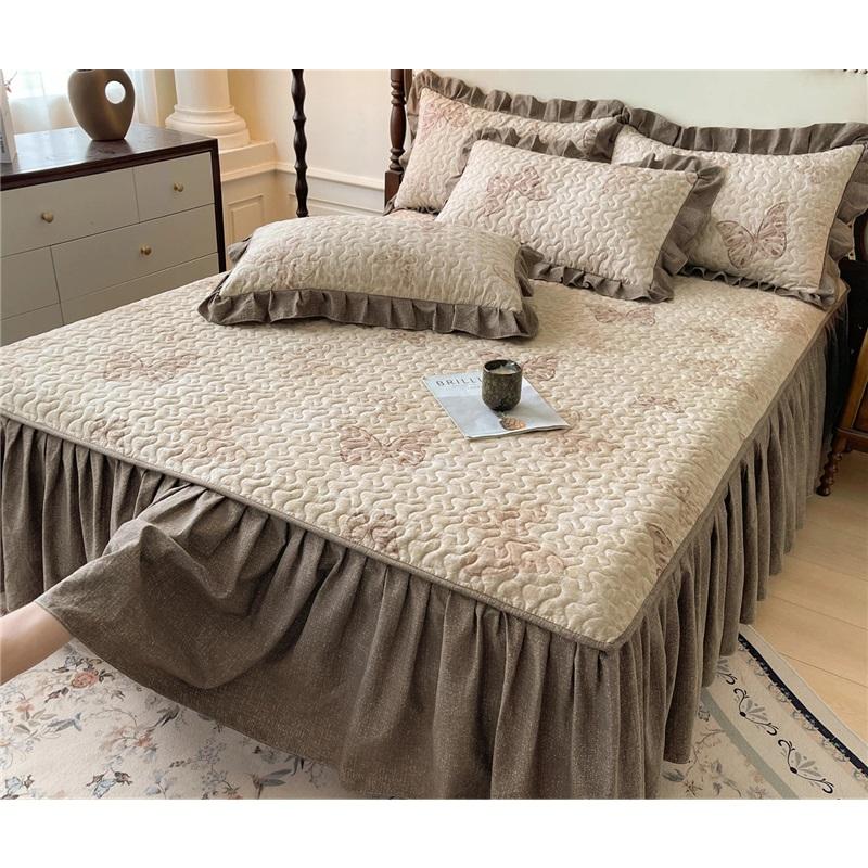 A Class Vintage Quilted Bed Skirt Washable Cotton Printed Bedspread 3 Piece Set Home Bedding Protector