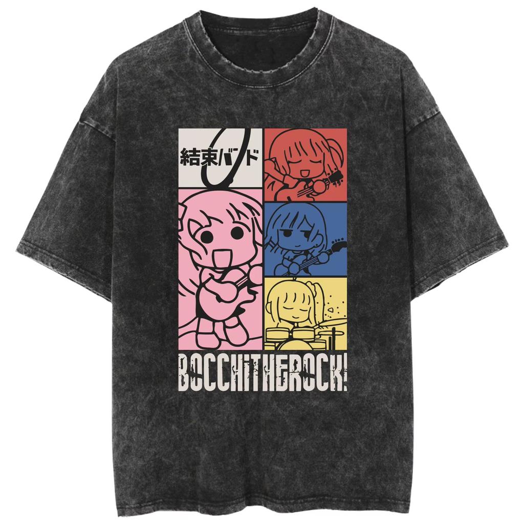 2026 Zomer Unisex Los Bedrukt Dubbelzijdig Retro Gewassen T-shirt met Kessoku Band Silhouet van Bocchi The Rock T-shirt
