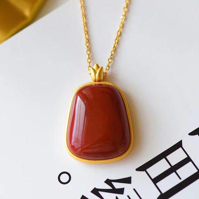 Ancient French Gold Craft Rectangular South Red Tourmaline Necklace Ladies Pendant Exquisite And Elegant  Jewelry