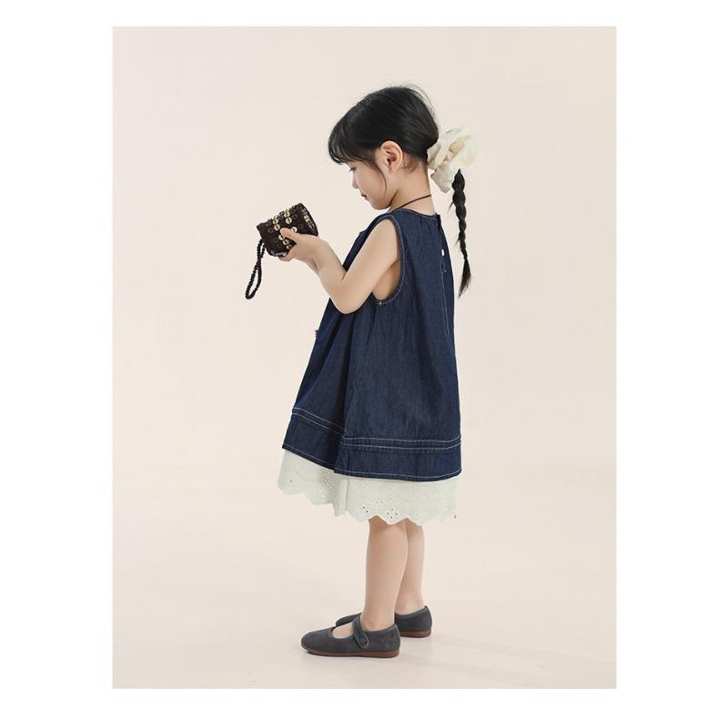 Kids Girls Korean Style Contrast Color Lace Denim A Line Dress
