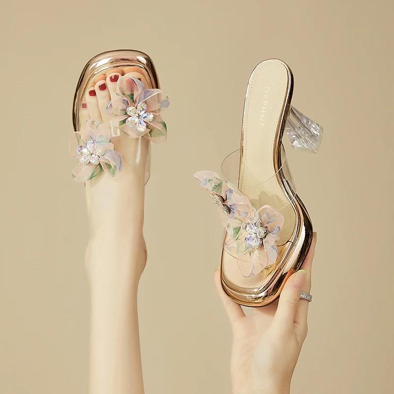 Shoes Woman 2025 Slippers Summer Heeled Mules Square heel Glitter Slides Pantofle High Block Jelly Transparent New Scandals Pump