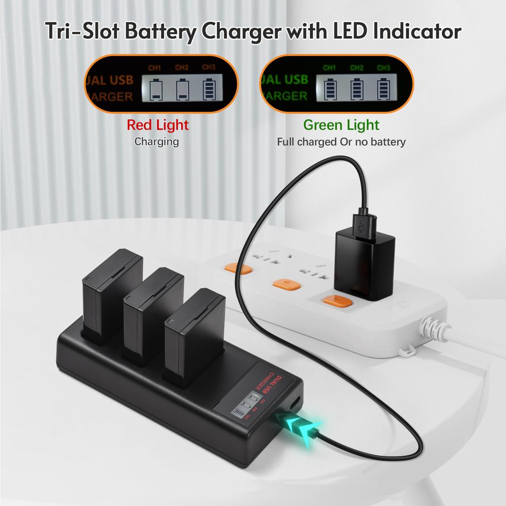 LP E10 Battery Charger 3 Slot Charger with LED Indicators Micro USB & Type C Port + 3pcs LP E10 Batteries 7.4V 2300mAh