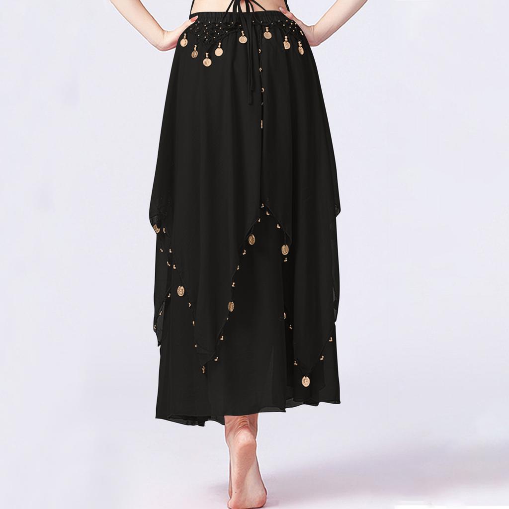 Ladies' Belly Dance Skirt Hanging Coin Skirt Chiffon Big Swing Skirt Performance Dress Shining Stage Performance Dress Shining Half Body Skirt