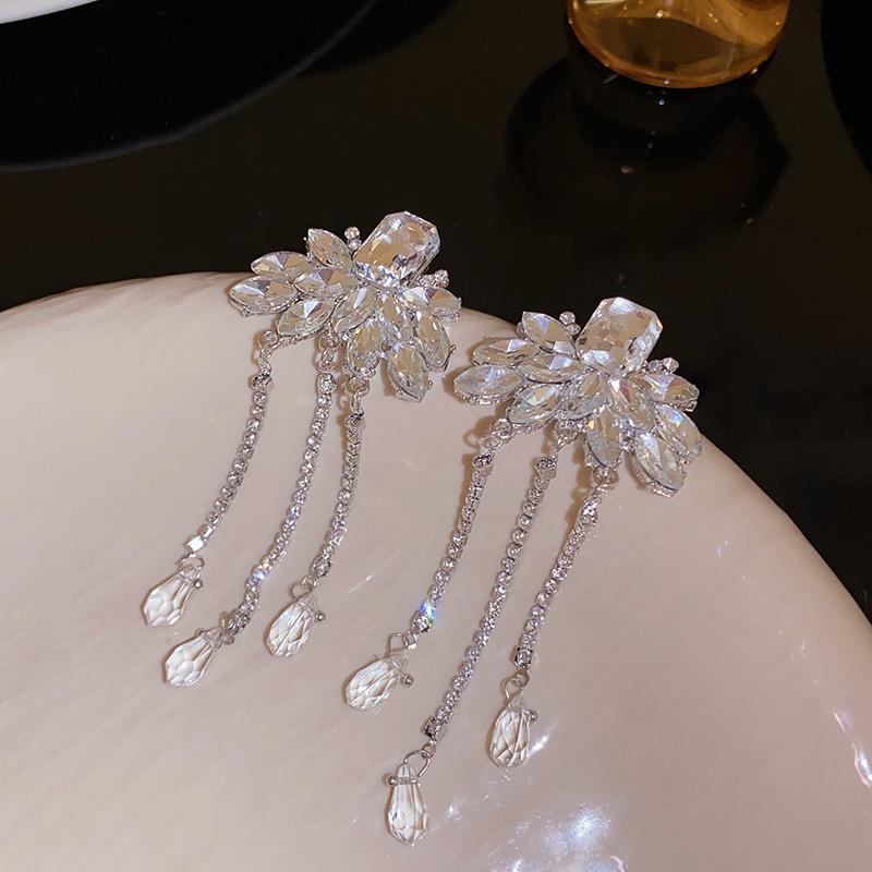 Silver Needle Diamond Flower Water Drop Tassel Earrings Exaggerated Earrings Light Luxury Premium Earrings Women