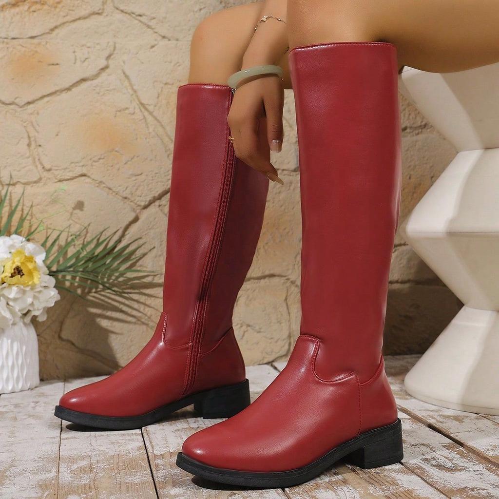 Fashion Round Toe Knight Boots 2025 Autumn Thick Heeled Long Knee High Boots for Women Soft Leather Side Zip Casual Botas Women's Shoes