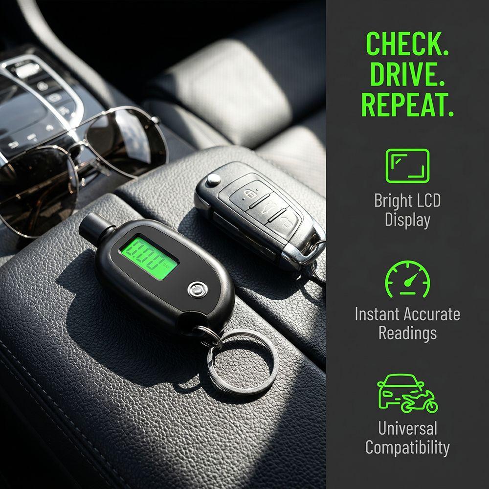 Keychain Style Digital Keychain Tire Pressure Gauge Digital LCD Display Vehicle Maintenance
