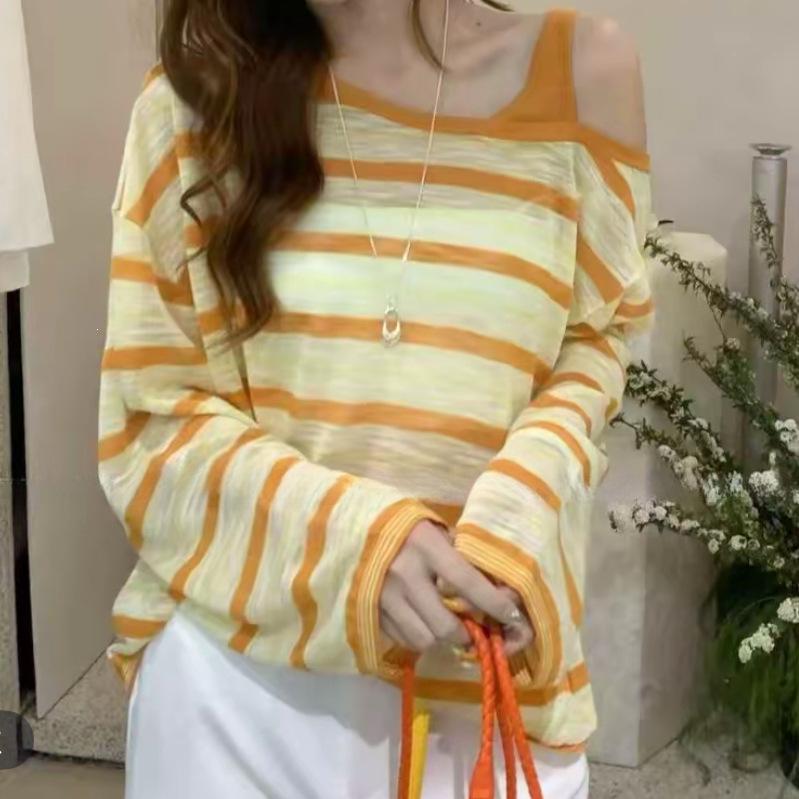 Korean-Style Striped Sun Protection Knit Top - Women's Fashionable Slimming Short Sleeve