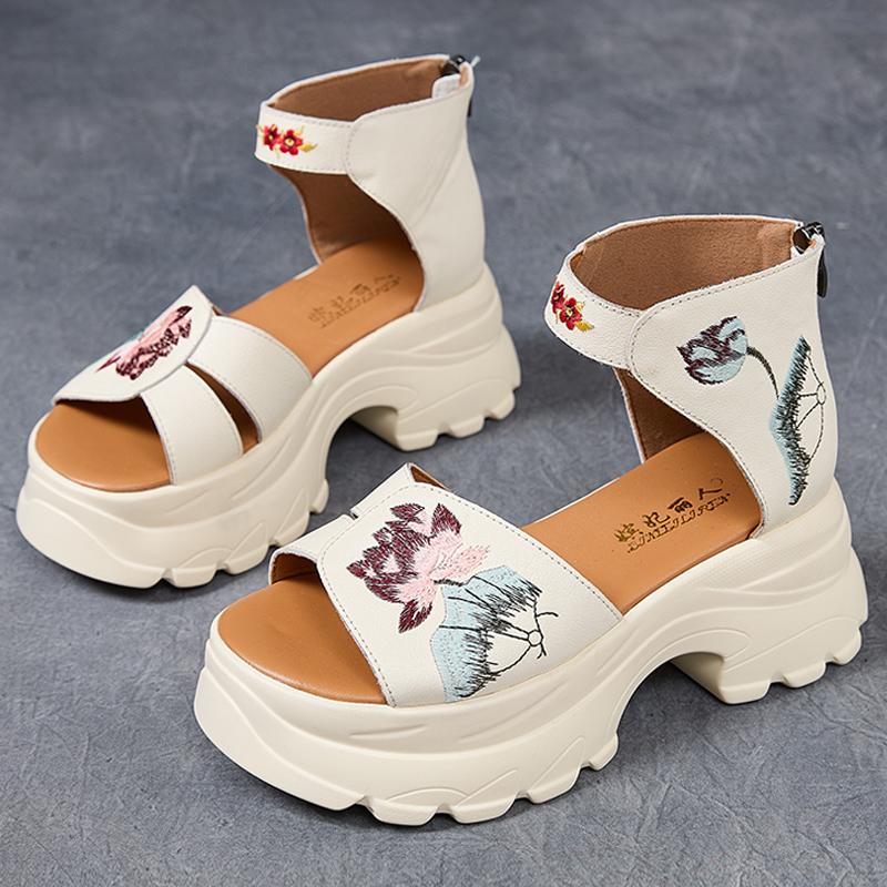 

Fashion GKTINOO Retro Thick Sole Sandals 2025 New Genuine Leather Wedges Embroidered Comfortable Thick Sole Women s Shoes 225