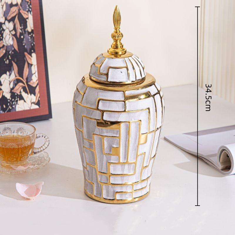 Geometric Golden Striped Ceramic Vase General's Jar with Lid Sealed Storage Tank Ginger Jar Flower Vase Home Decoration