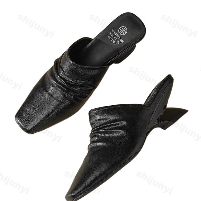 Fashion 2025 Summer New Elegant Square Head Casual Muller Slippers for Women's Comfortable Wedge Heeled Half Drags Fashion Beach Sandals