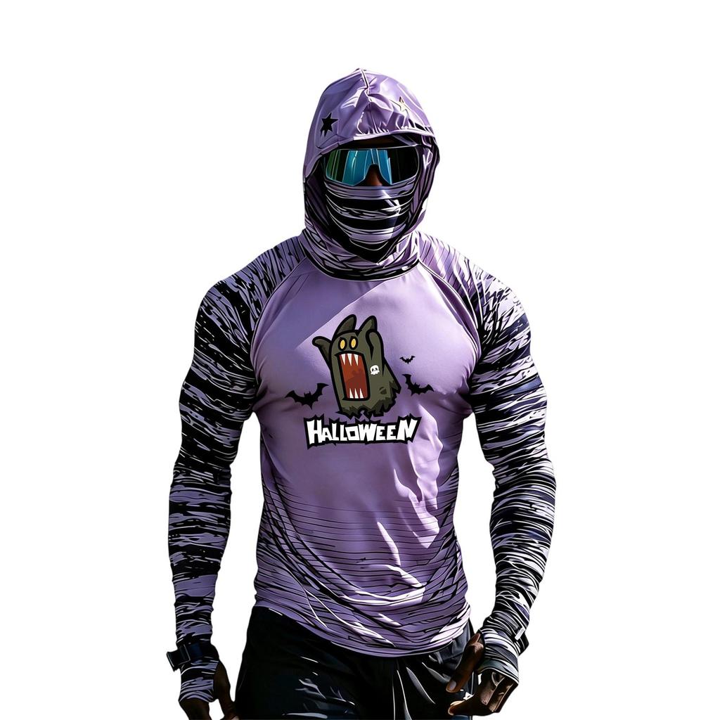 Men's Casual Hooded Long Sleeve Raglan Color-Block Sun Top with Halloween Print (Without Glasses)