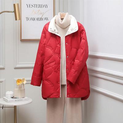 Women's Mid-Length White Duck Down Jacket - Lightweight, Plus Size, Stand Collar, Thin, Suitable for 200 Lbs