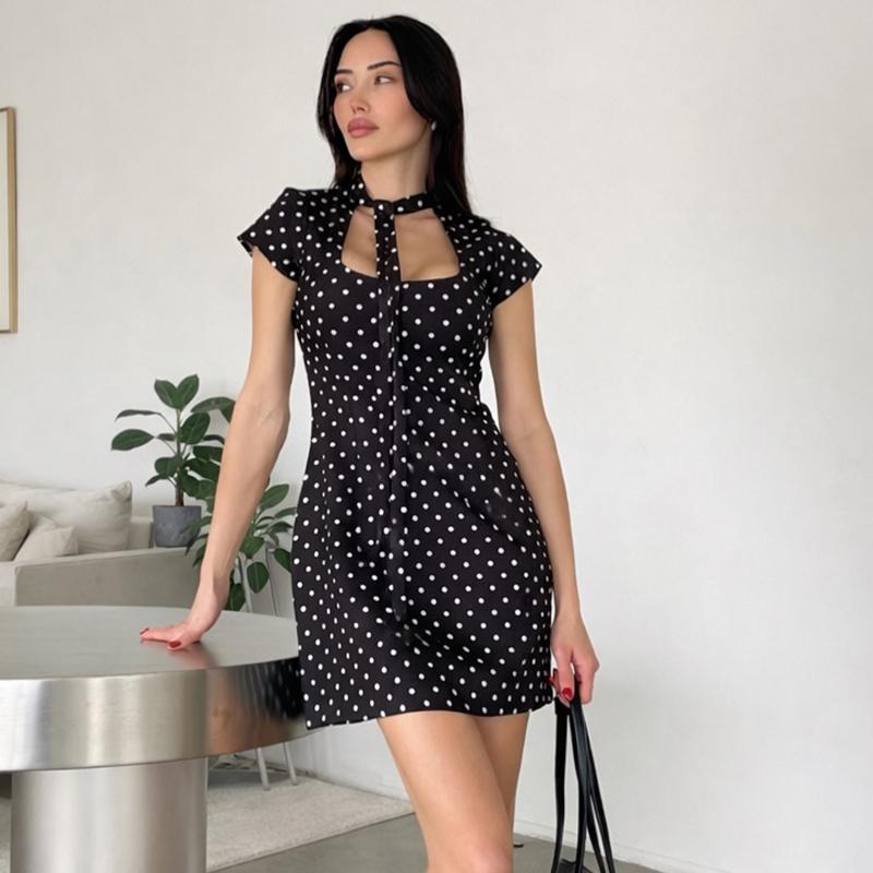 Vintage Polka Dot Dress Women 2026 Summer Hollow Out Stand Neck Short Sleeve Mini Dresses Lady New Sexy Slim Party Vestidos