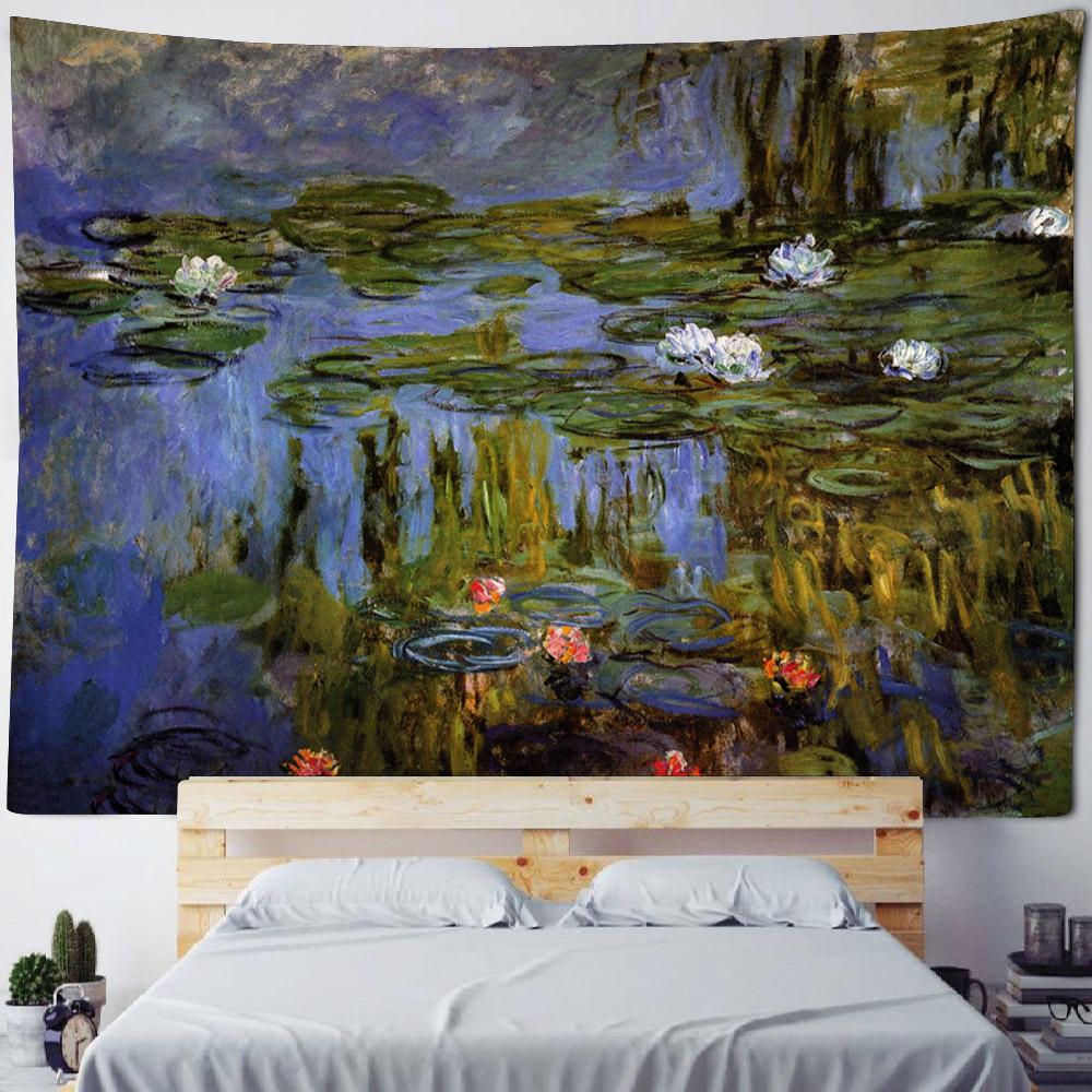 Retro oil painting, water lily print, tapestry, flower and plant wall hanging, home decoration, abstract aesthetic tapestry