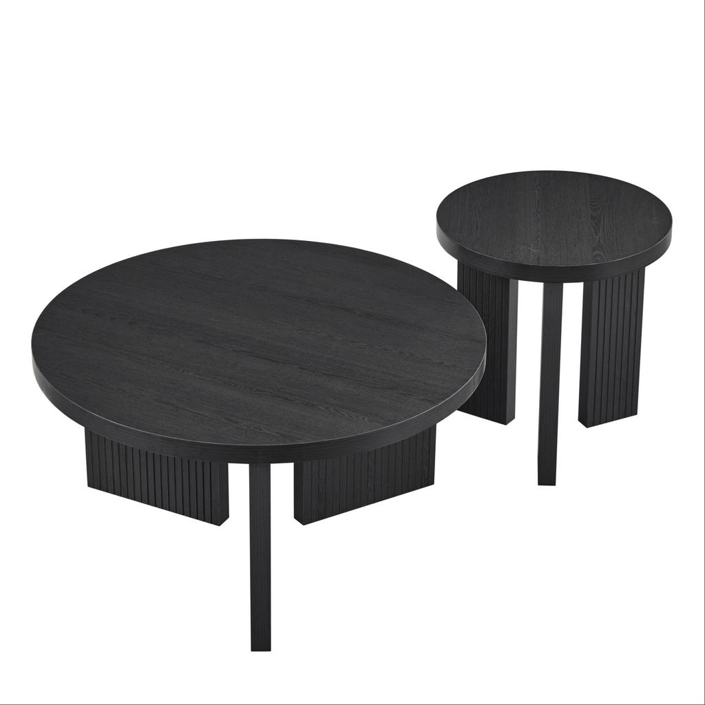Modern Round Coffee Table Set with Grooved Structure Side Table Coffee Table - Elegance & Functionality for Living Room and Office (2 Pieces)