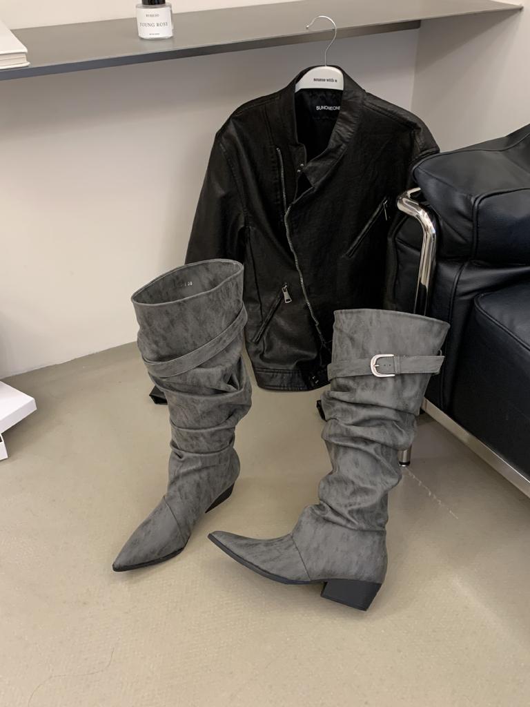 Retro design pointed boots medium boots autumn and winter belt buckle thick heel stacked boots