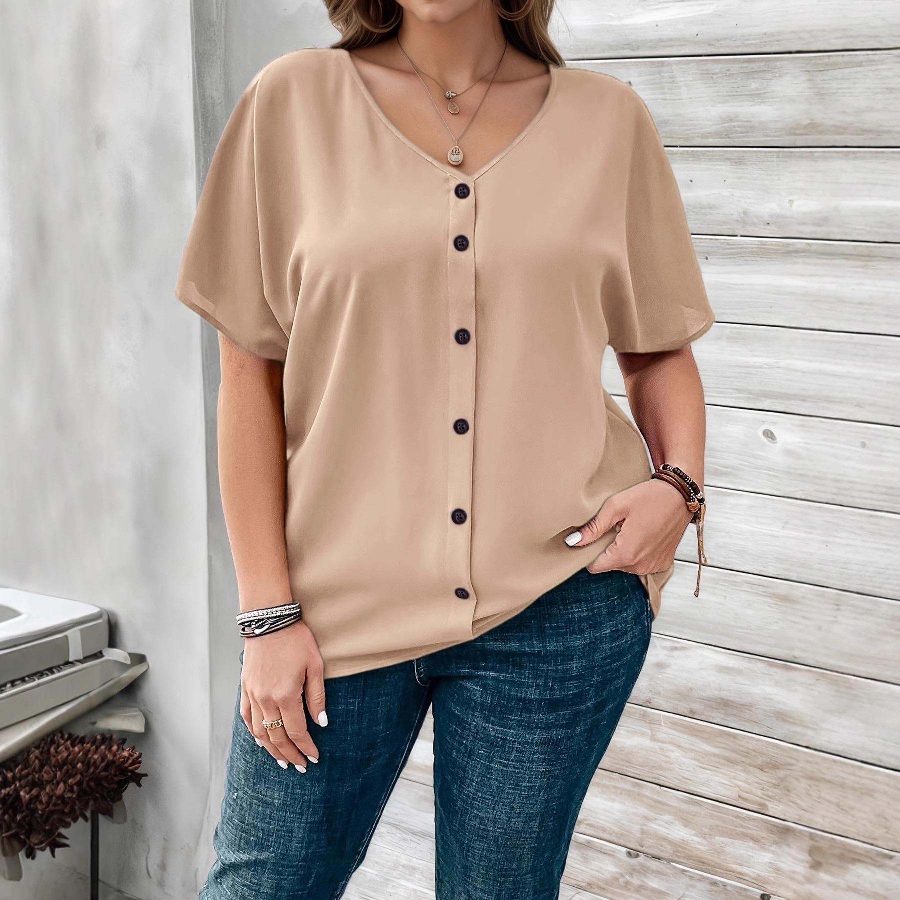 

2025 Women s Plus Size Solid Color V-neck Casual Short Sleeve T-shirt with Decorative Buttons 3XL бежевый