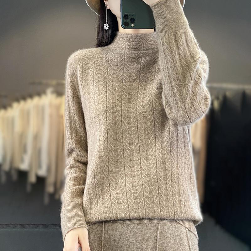 Women's Half-high Neck Jacquard Solid Color Full Wool Pullover Sweater Loose Casual Commuter Autumn and Winter New Knitted Long Sleeves
