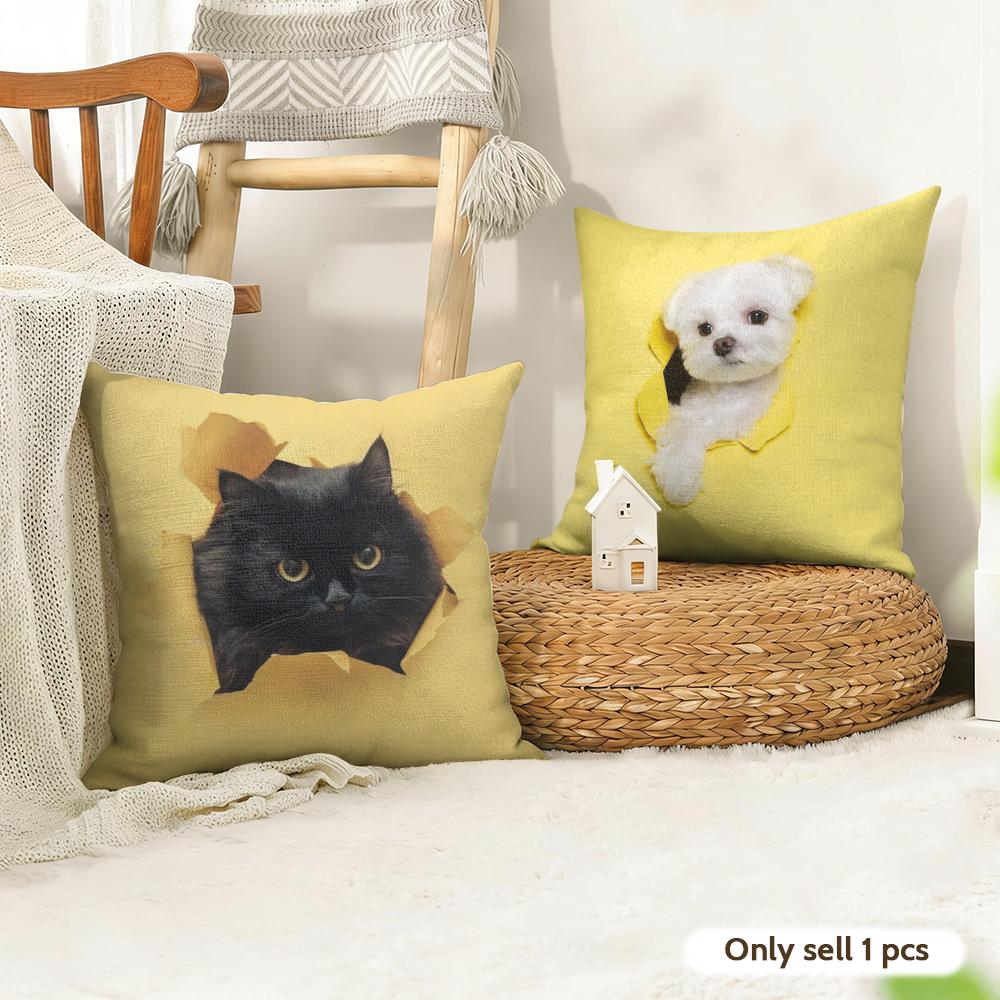 CuteNaughty Cute Cats Dogs Cushion Cover Natural Linen Organic Fabric DoubleSided Printing Couch Pillow Covers Home Decor
