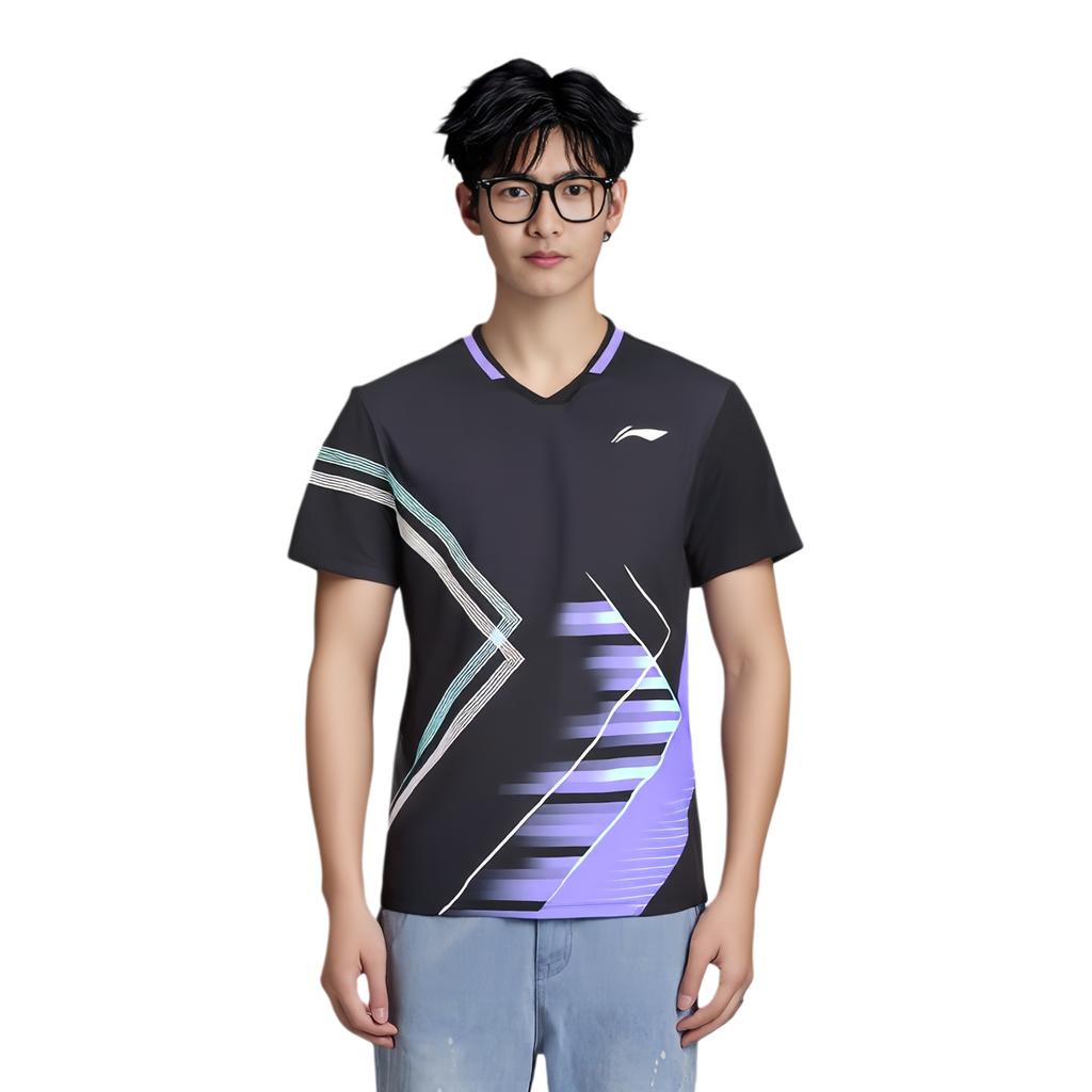Li Ning Sport Casual Semplice Pullover Manica Corta Maglietta Badminton Unisex Top Nero AAYV051-1