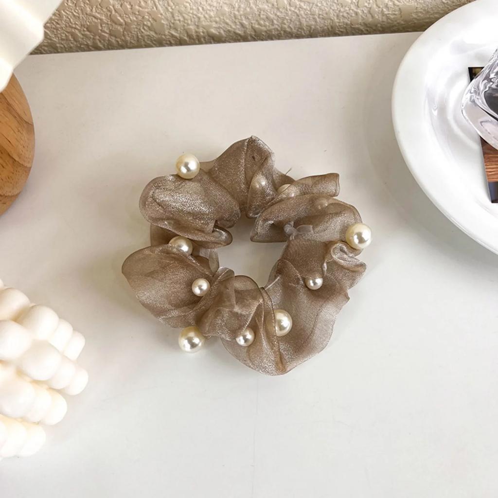 1PC Elegant Organza Scrunchies with Pearls, Women's Stylish Hair Accessories, Must - Have Hair Grips Hair Tie