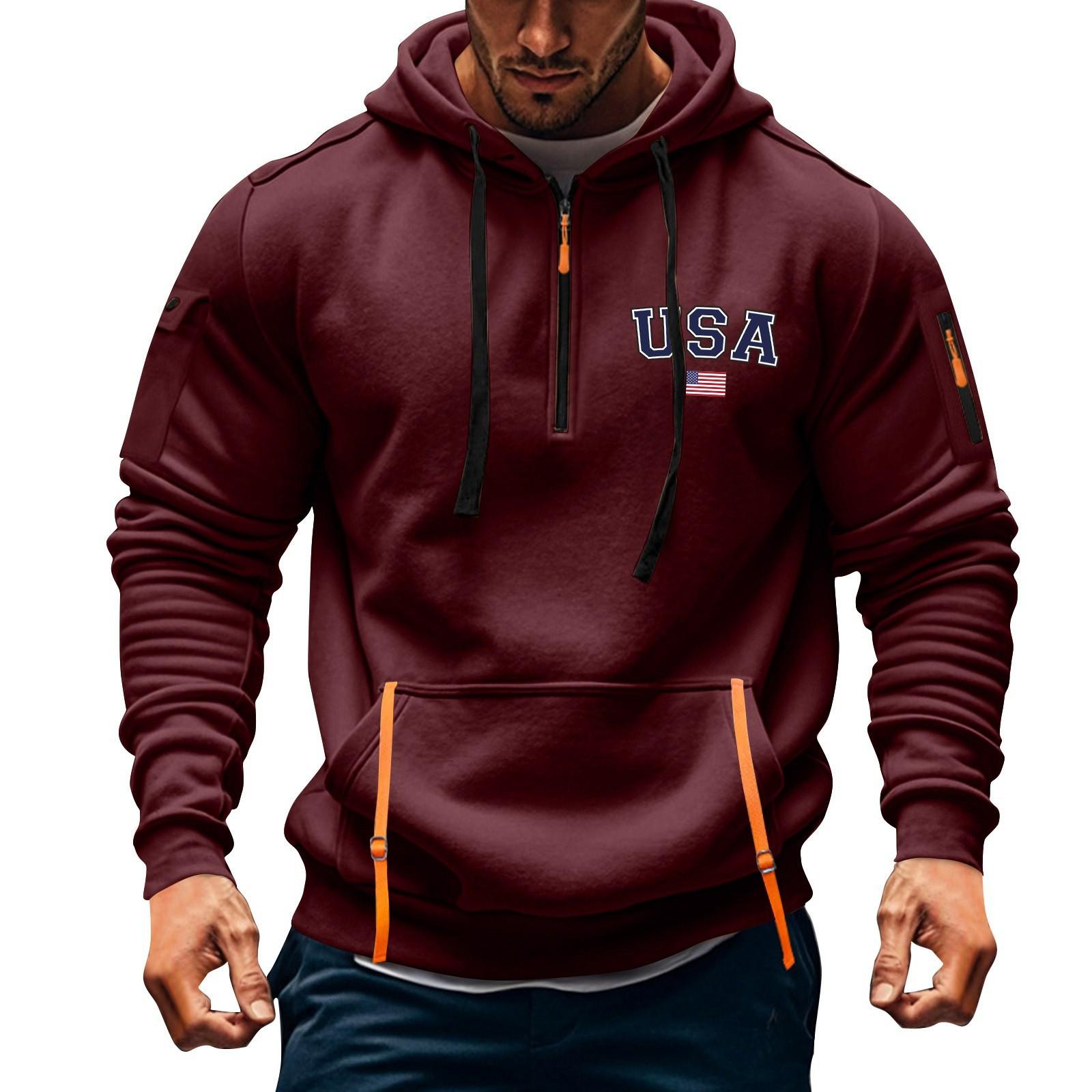 

Men s Printed Sweatshirt Hoodie Zipper Arm Pocket Cardigan Men s Sports Large Size Casual Hoodie M винный