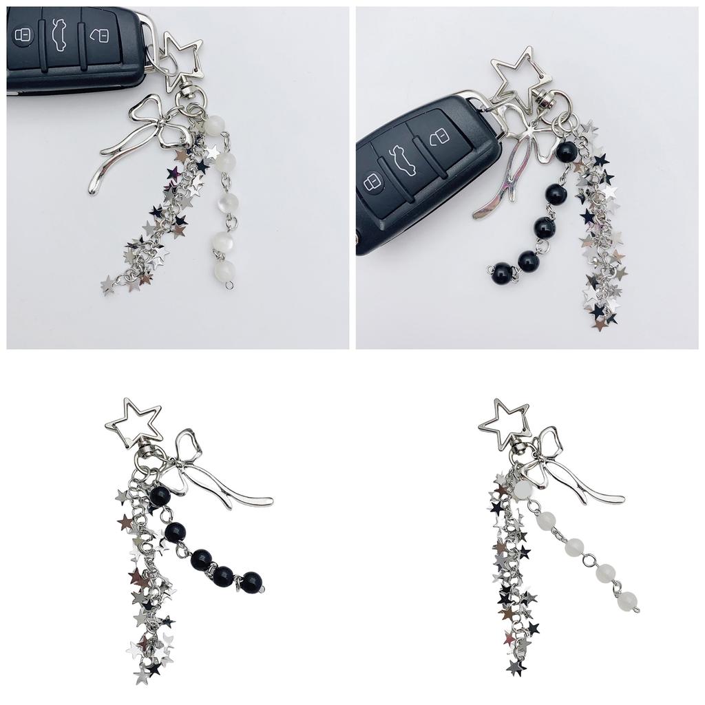 Stylish Star Tassels Bowknot Beaded Keychain Hanging Key Ring Handmade Phone Chain Accessories for Women and Teens