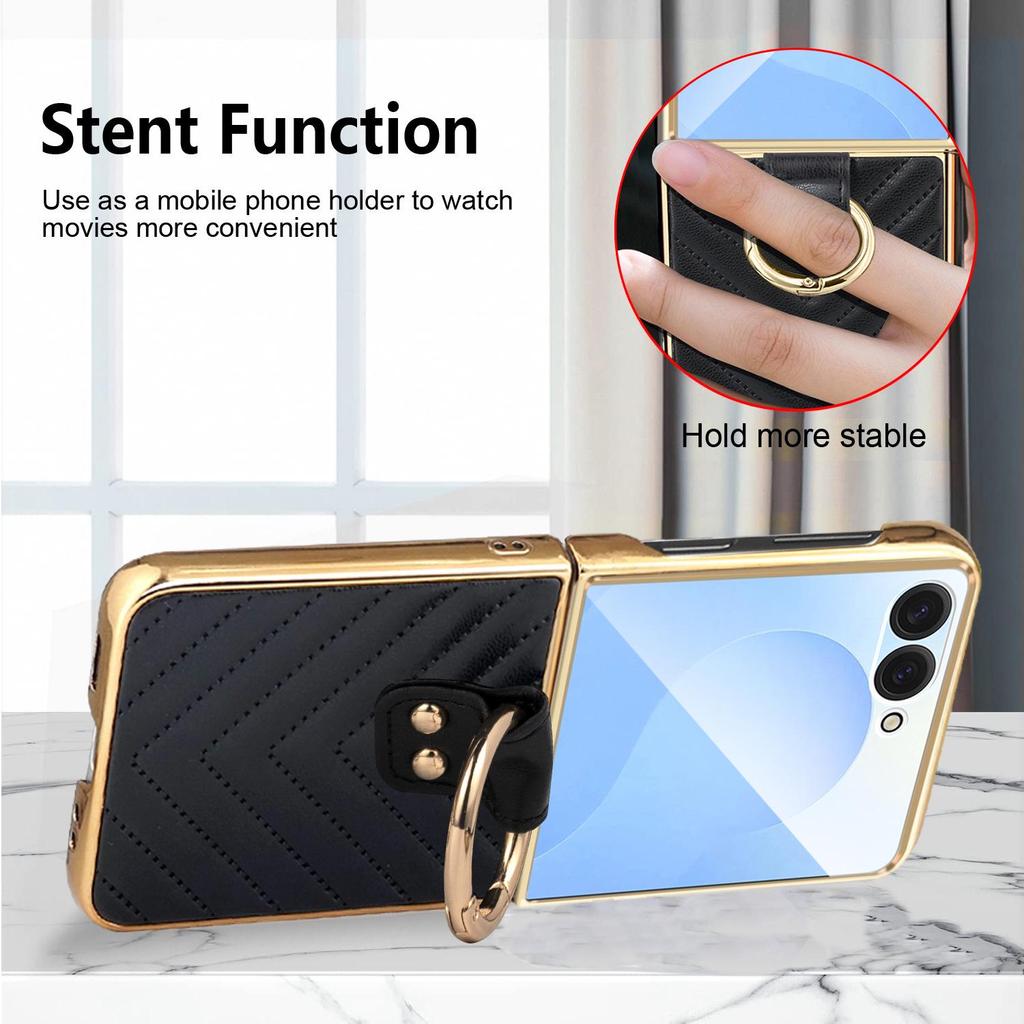 Electroplated Diamond Grid PU Leather Ring Holder Case for Samsung Z Flip7/6/5