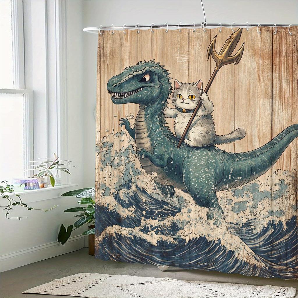 Wasserdichter Duschvorhang mit Motiv Katze reitet Dinosaurier - Design mit Meereswellen, Schimmelresistent, Leicht zu reinigen, Strapazierfähiges Gewebe für Badezimmerdekoration